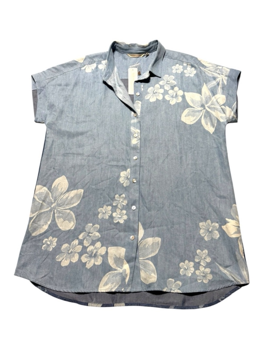 Soft Surroundings Women’s Medium Lochlea Tunic Shirt Floral Chambray Blue